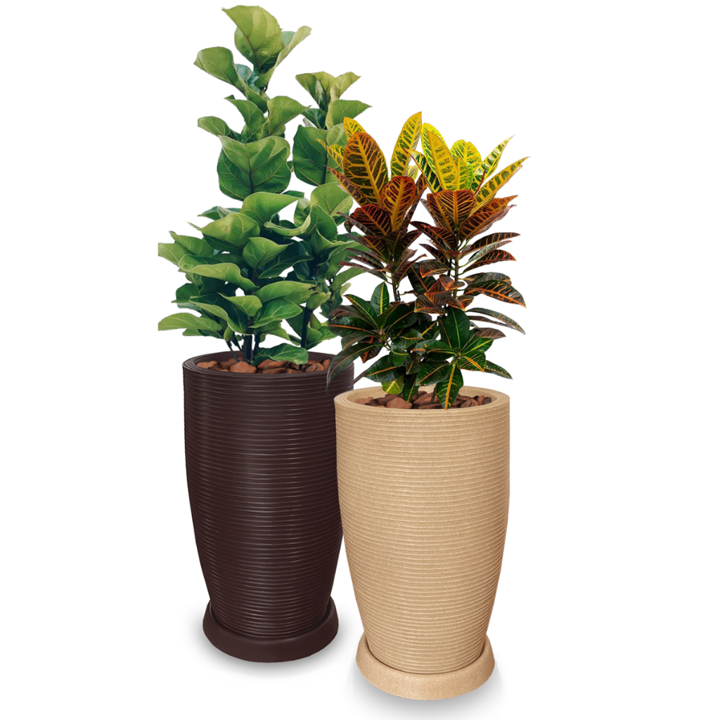 Kit 2 Vasos De Planta Flores Decorativo 60x38 + Prato Cm Resina Plastico Polietileno Redondo Pilão R