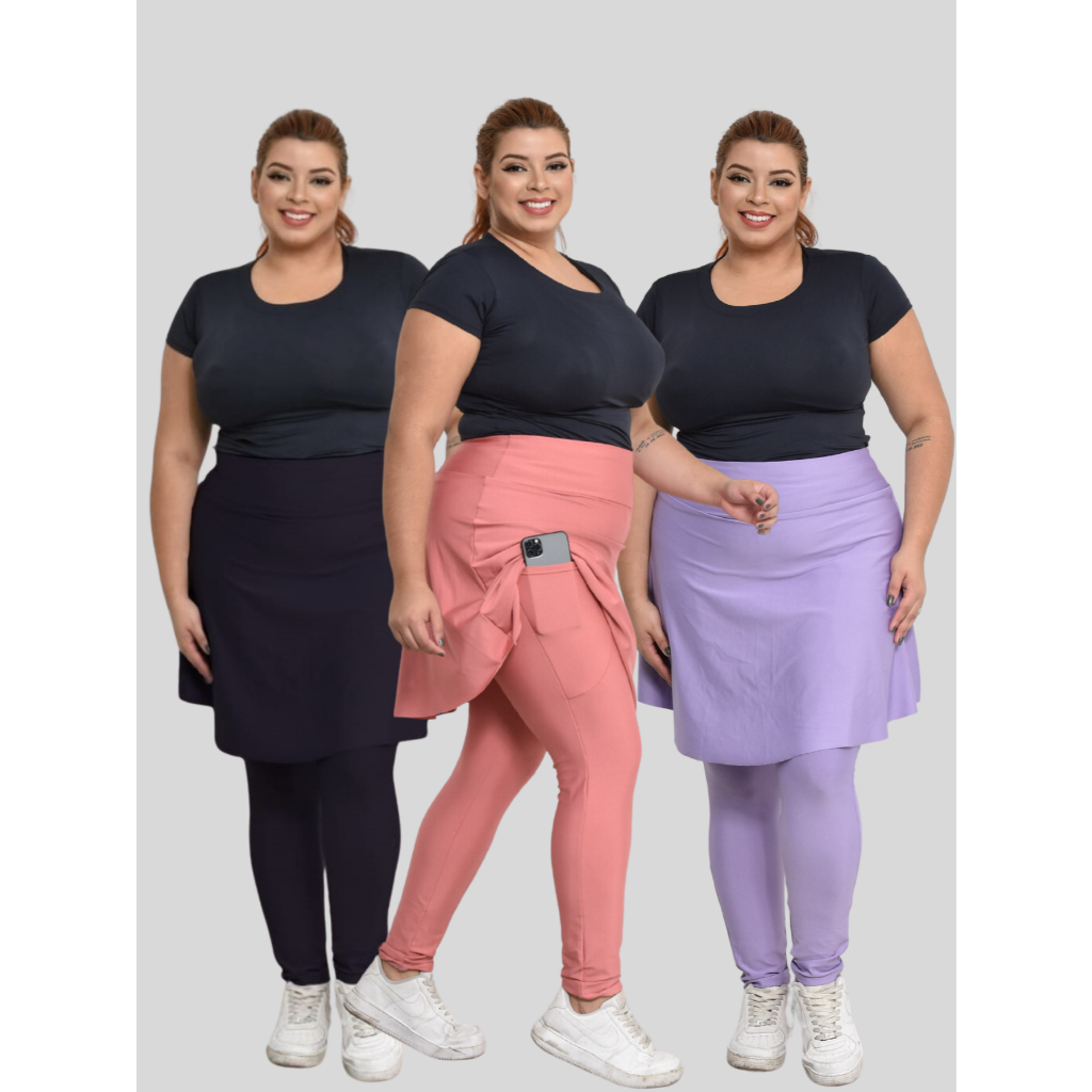 kit 3 Calças Legging Saia Fitness Moda Evangelica Com Bolso Plus Size G1 G2