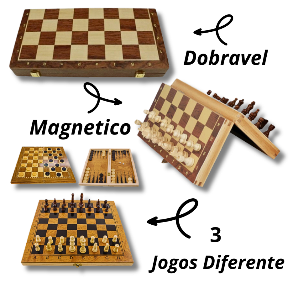 Jogo de Xadrez em Madeira Profissional Dama Gamao Tabuleiro  Magnetico 3 EM 1 34X34 cm jogos