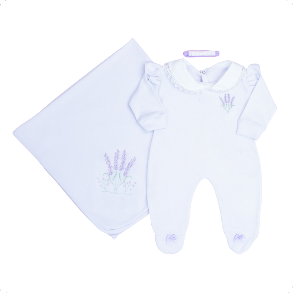 Saída Maternidade Menina Minimalista Luxo Bordado Lavanda Conjunto Infantil Menina Luxo