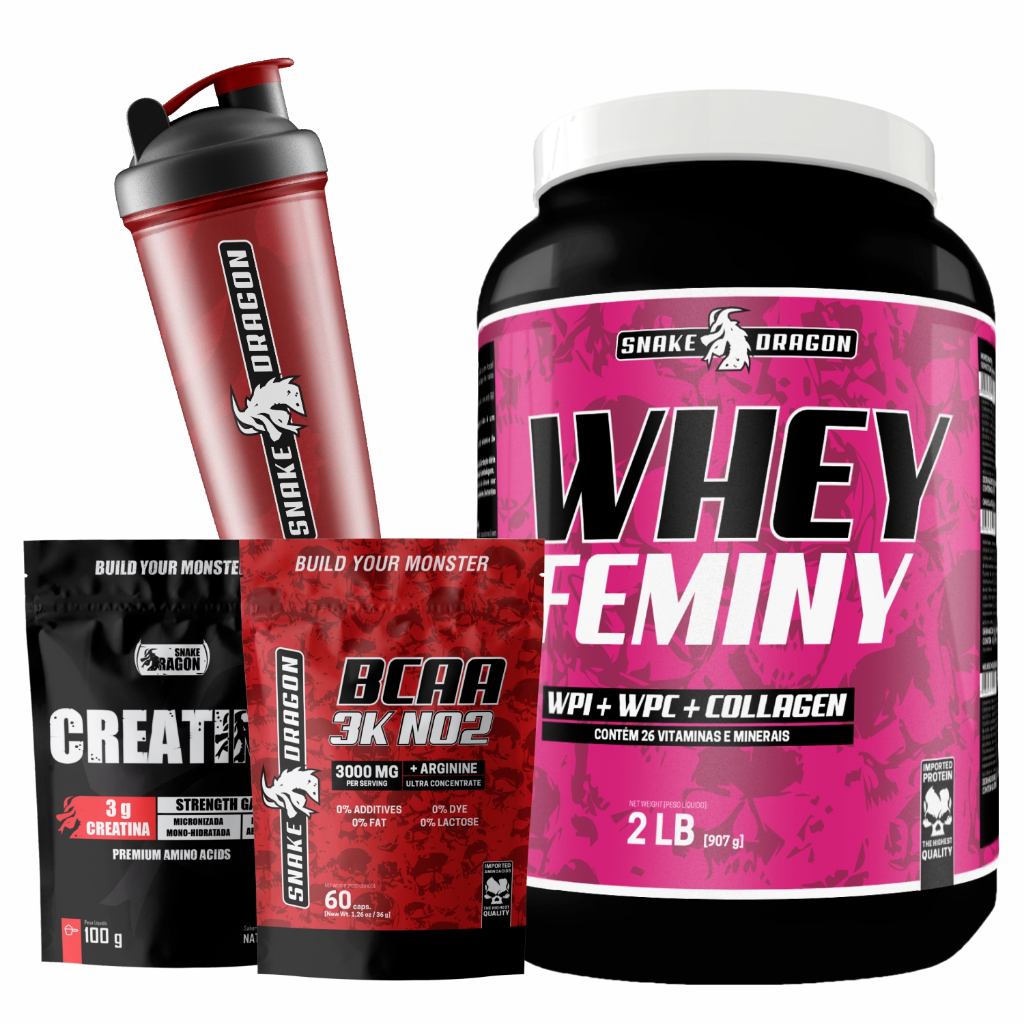 Kit Suplemento Feminino - Whey Protein Isolado, 900g + Creatina, 100g + BCAA 3K NO2 + Coqueteleira