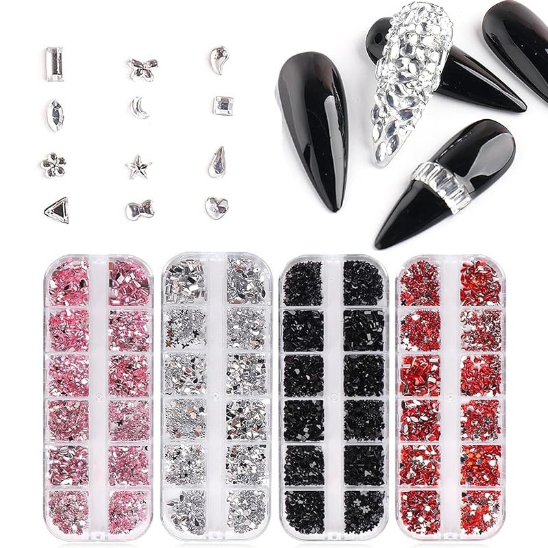 Kit 1/4 Caixas com 12 Grade Multi Tipo Hotfix Rhinestone Flatback Cristal Gemas 3D Glitter Nail Art Decoração Luxuosa em Oferta na Shopee