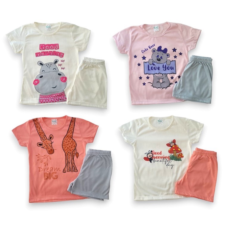 Pijama Infantil de Menina Verão 2 peças. Tam 4/6/8 – Shorts e Camiseta em Poliéster Roupa Feminina