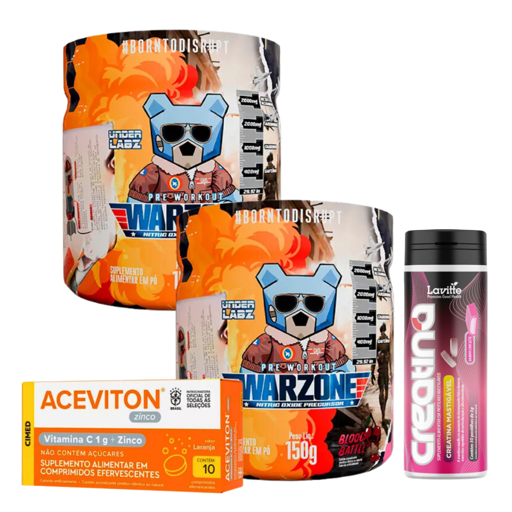 2x Warzone - Com Pump Matrix - Pré Treino - 150g - Under Labz + Creatina - Mastigável 30 Pastilhas 3g - Lavitte + Aceviton Zinco - Vitamina C