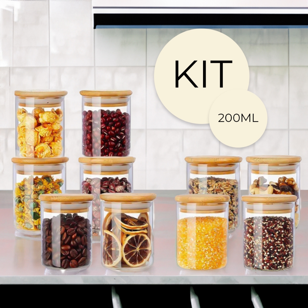 Kit 10 potes de vidro com tampa de bambu herméticos para mantimentos empilháveis 200ml
