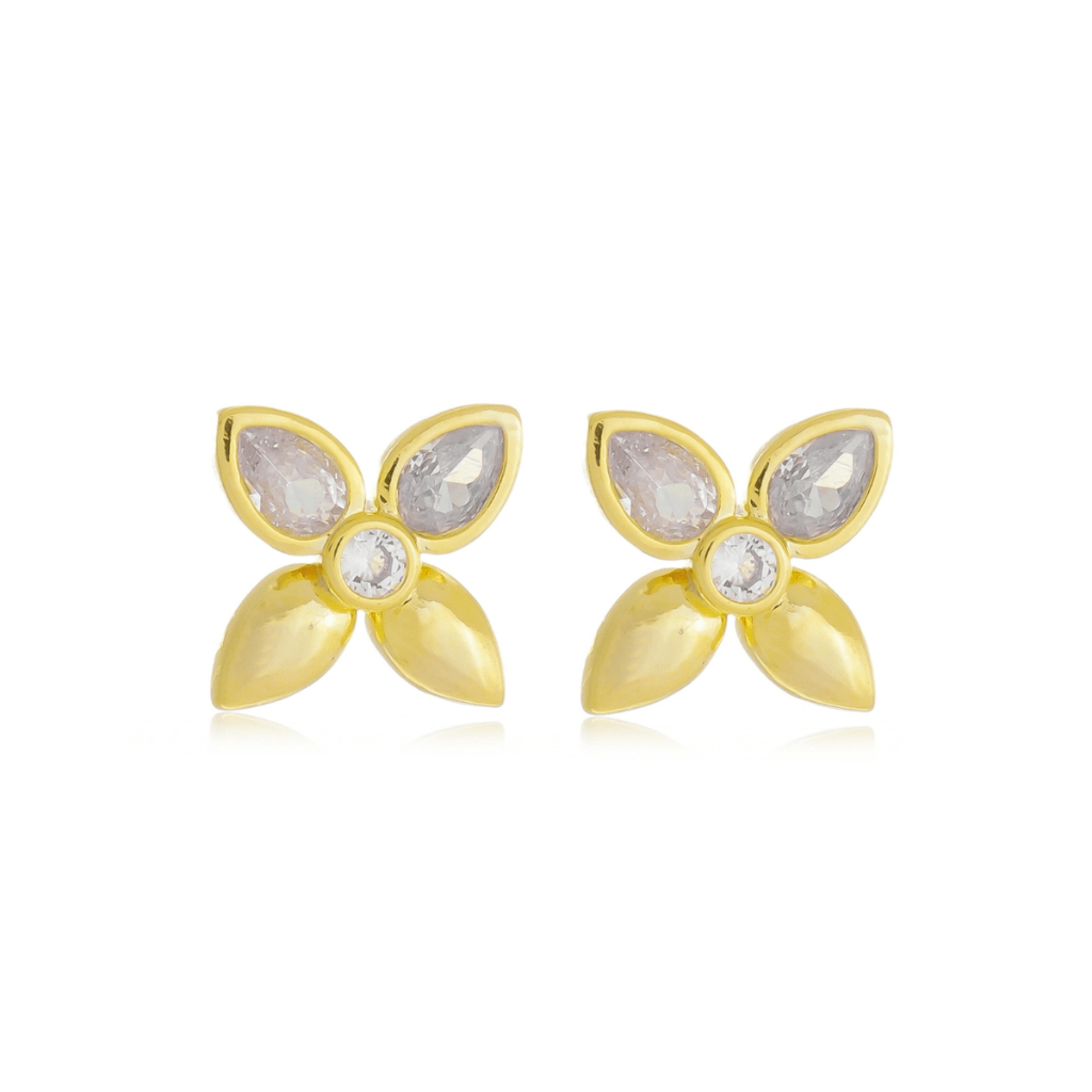Brinco Feminino Pequeno Flor Com Duas Pedras De Zircônia Folheado A Ouro 18k