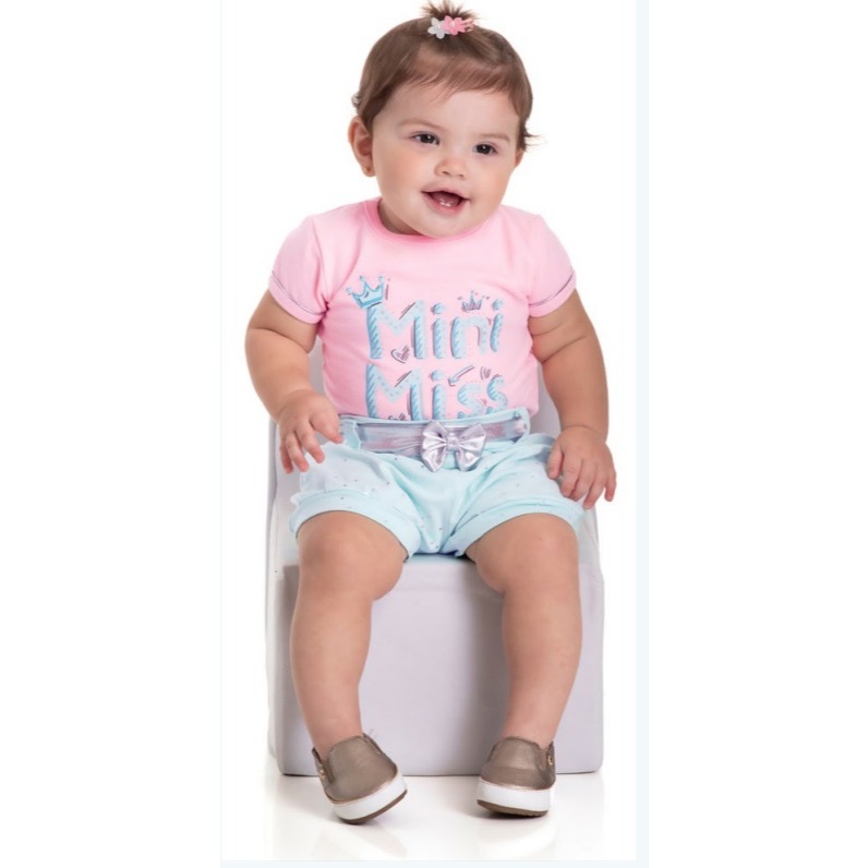 CONJUNTO BEBE INFANTIL MENINA FEMININO SHORT E CAMISETA COTTON COM CINTO NO SHORT METALIZADO MODA VERÃO RANDA MUNDU 9202