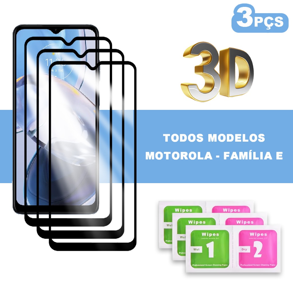 Kit 3 Película 3D Vidro Temperado Compatível Com Motorola Moto E13 E32 E22 E40 E30 E20 E7 E7 Plus E7 Power E6