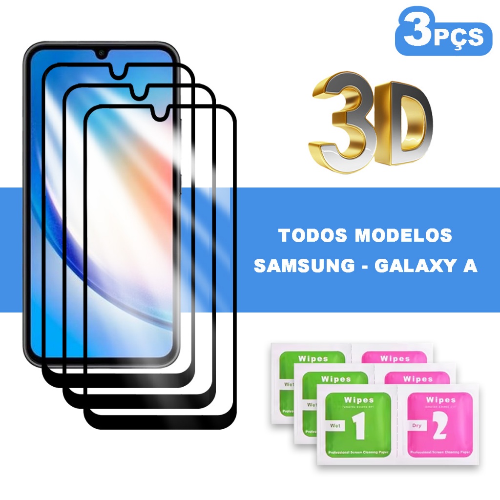 Kit 3 Película 3D Vidro Temperado Para Samsung Galaxy A55 A35 A25 A15 A05 A05s A54 A34 A24 A14 A04 A04s A04e A73 A53 A33