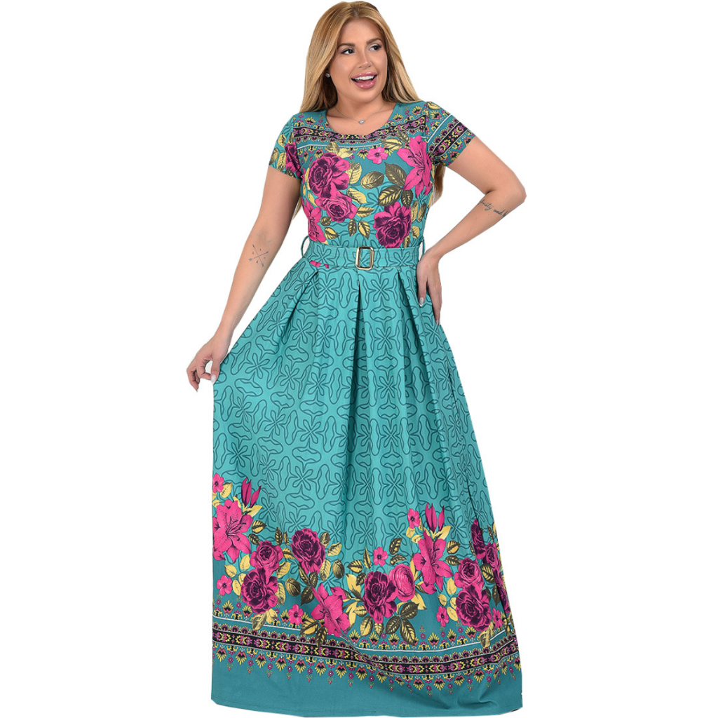 Vestido Longo Evangélico Com Pregas e Cintinho Elegante