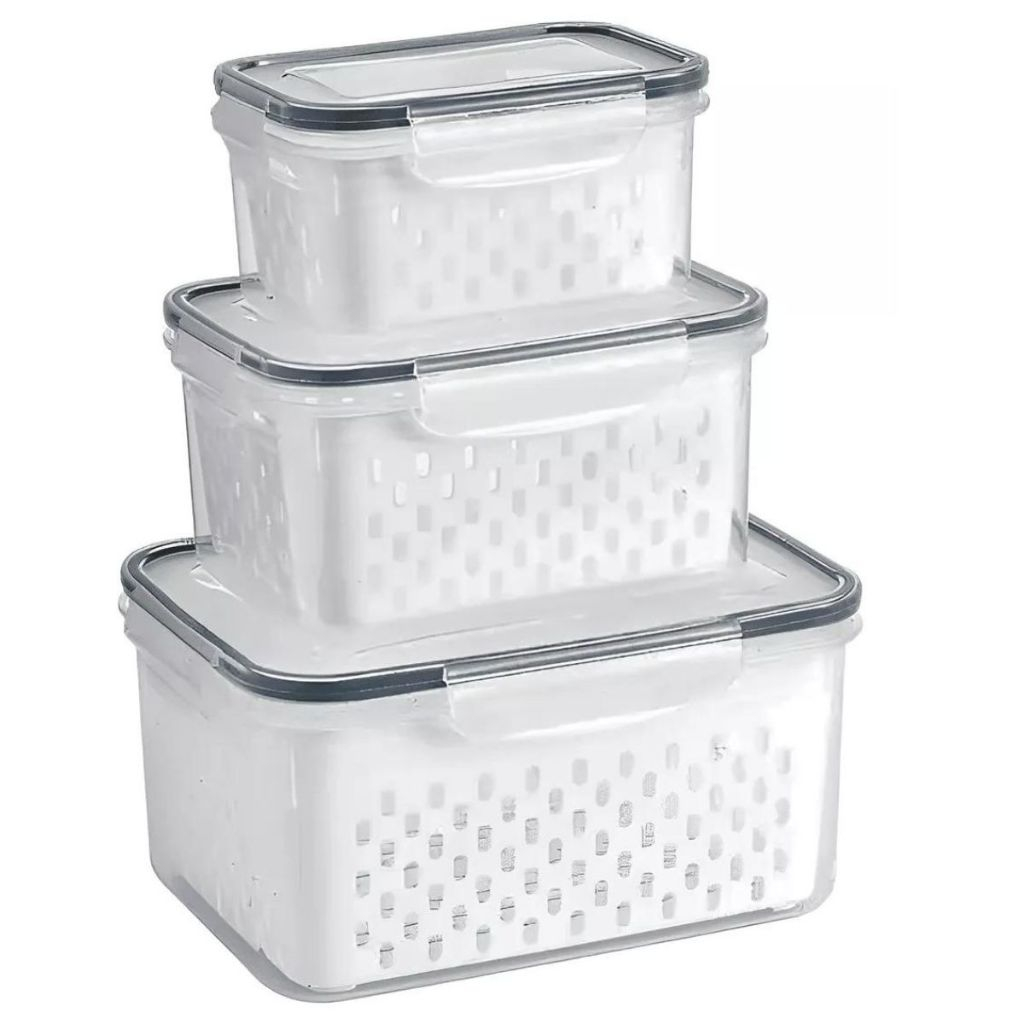 Organizador com 3 potes Herméticos De Geladeira para frutas, alimentos  inclui Cesto tampa