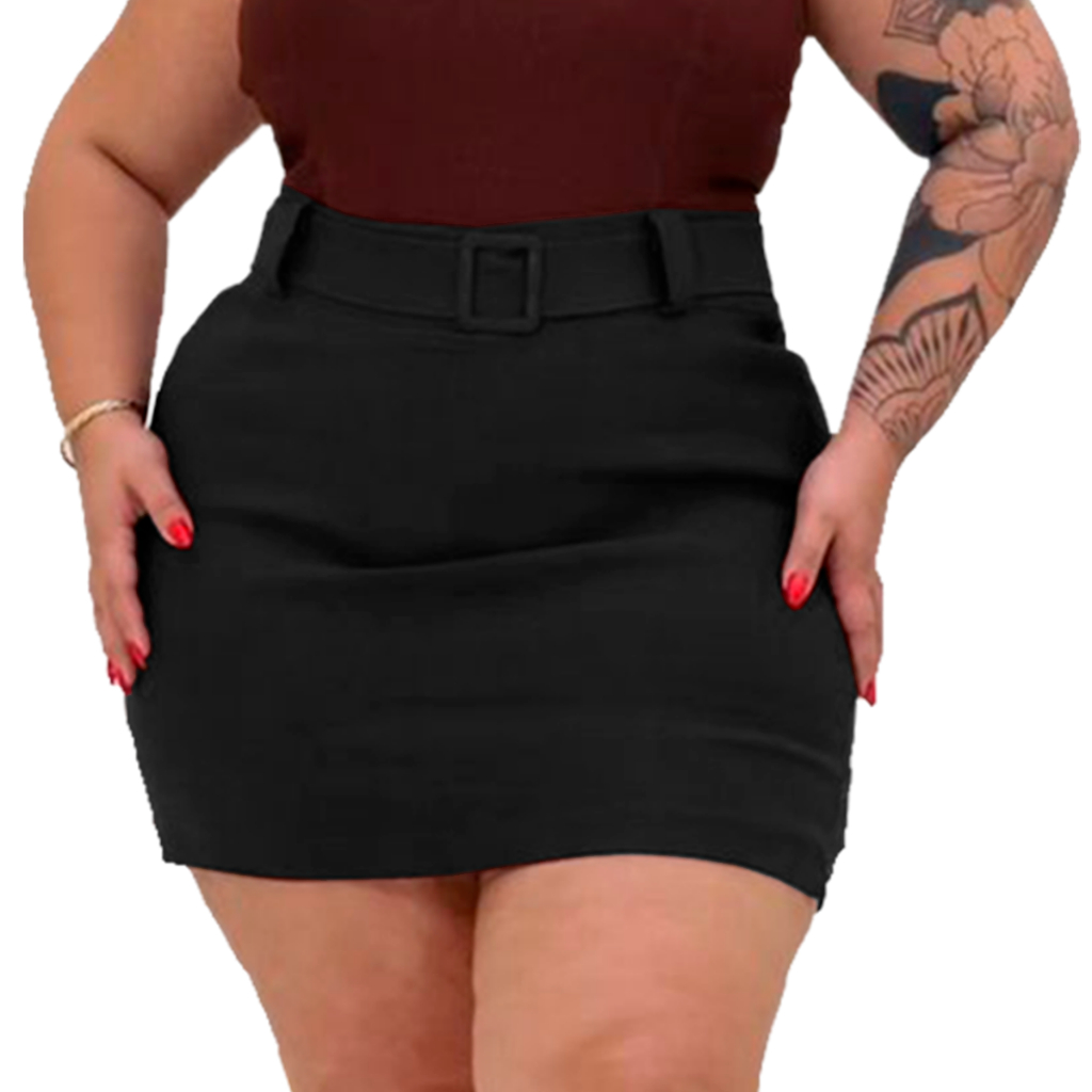 Shorts Saia Plus Size Cintura Alta Lycra Com Bolso Cinto com Fivela Luxo Tecido Bengaline Premium em Oferta na Shopee