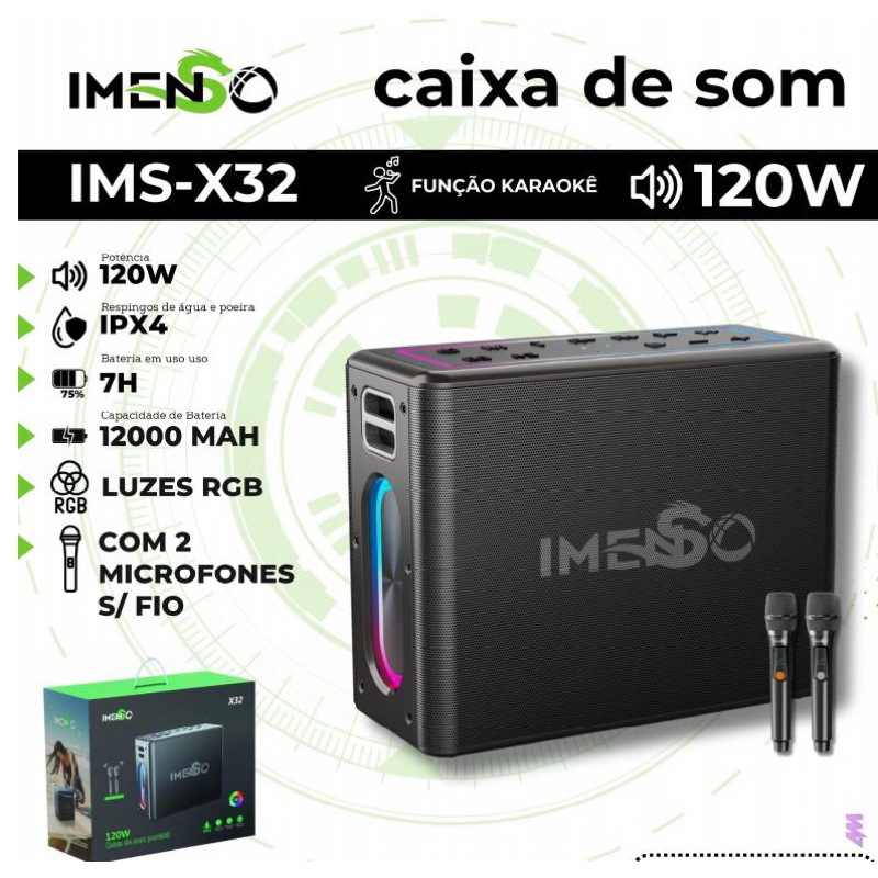 IMS-X32 CAIXA DE SOM FUNÇÃO KARAOKÊ 120W COM 2 MICROFONES SEM FIO