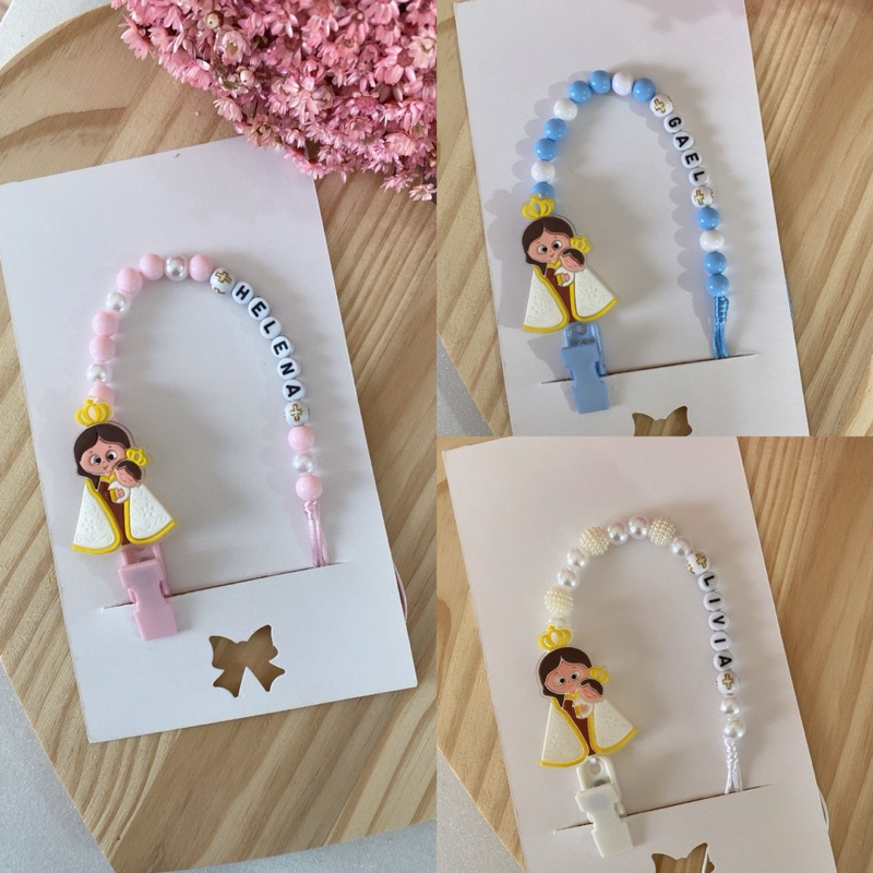 Prendedor de Chupeta Personalizado com nome Nossa senhora menino e menina