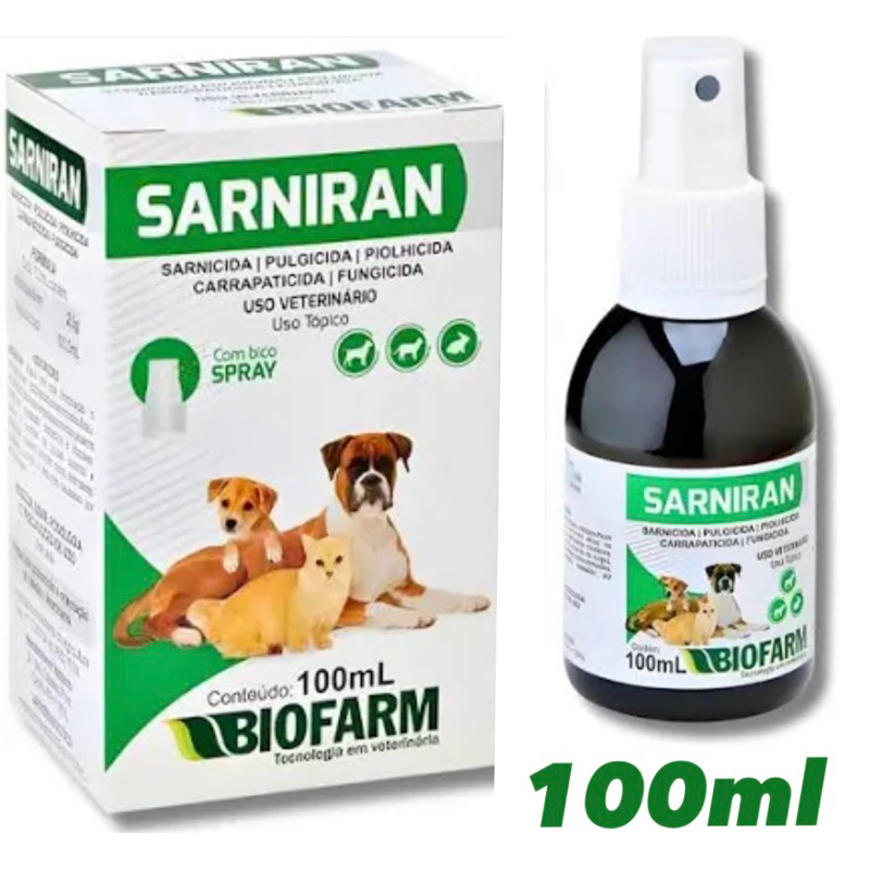 Sarniran Pet 100ml GRANDE Antiparasitário e Antifúngico em Spray para Animais Pets - Biofarm