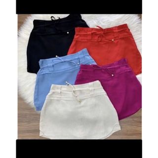 Shorts Saia tecido linho com cinto regulável e Zíper Lateral