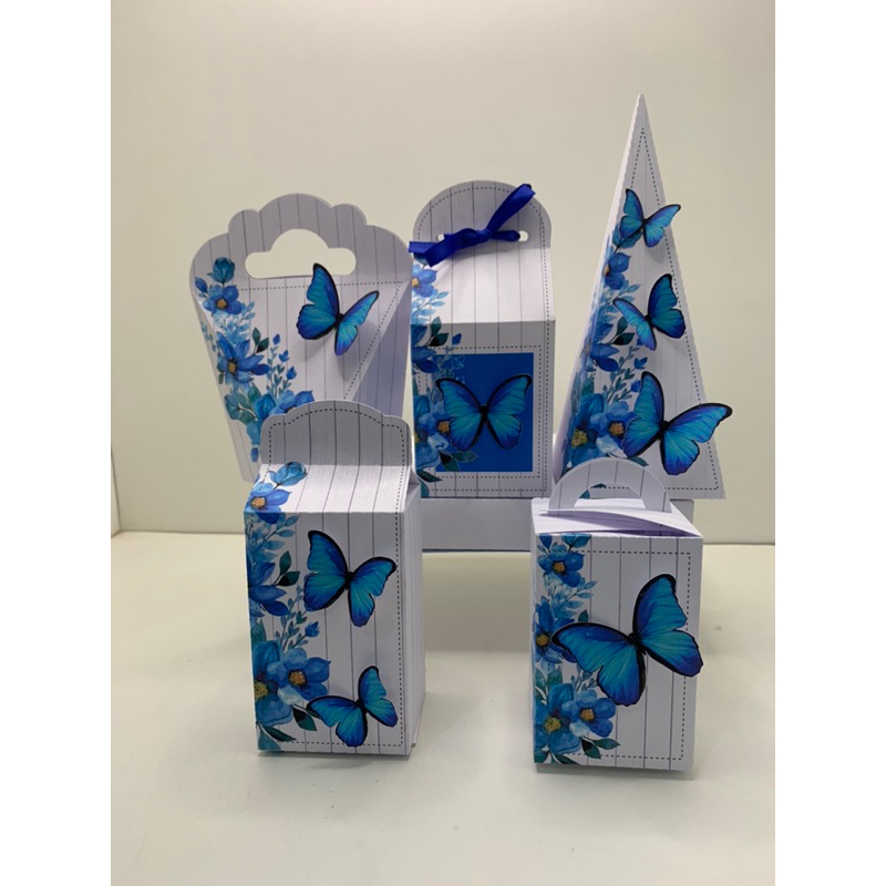 kit Festa - 20 Lembrancinhas Personalizadas Borboletas azul e flores - Caixinhas Personalizadas - Papelaria Personalizada