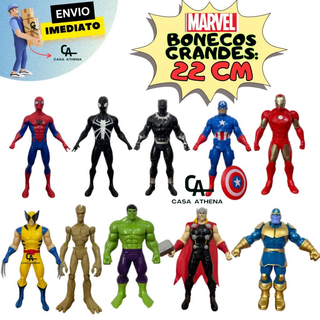 Boneco Heroi Marvel Vingadores 22cm Homem Aranha Groot Hulk Thor Capitao America Thanos Homem Ferro