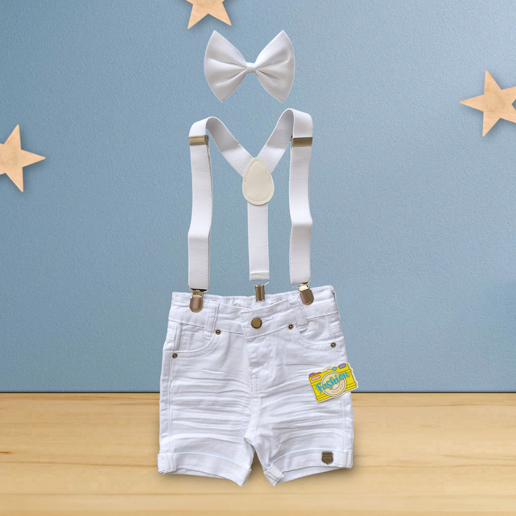 Roupa Infantil Bermuda Short Jeans com Elastano Branco com Suspensório Bebê Menino