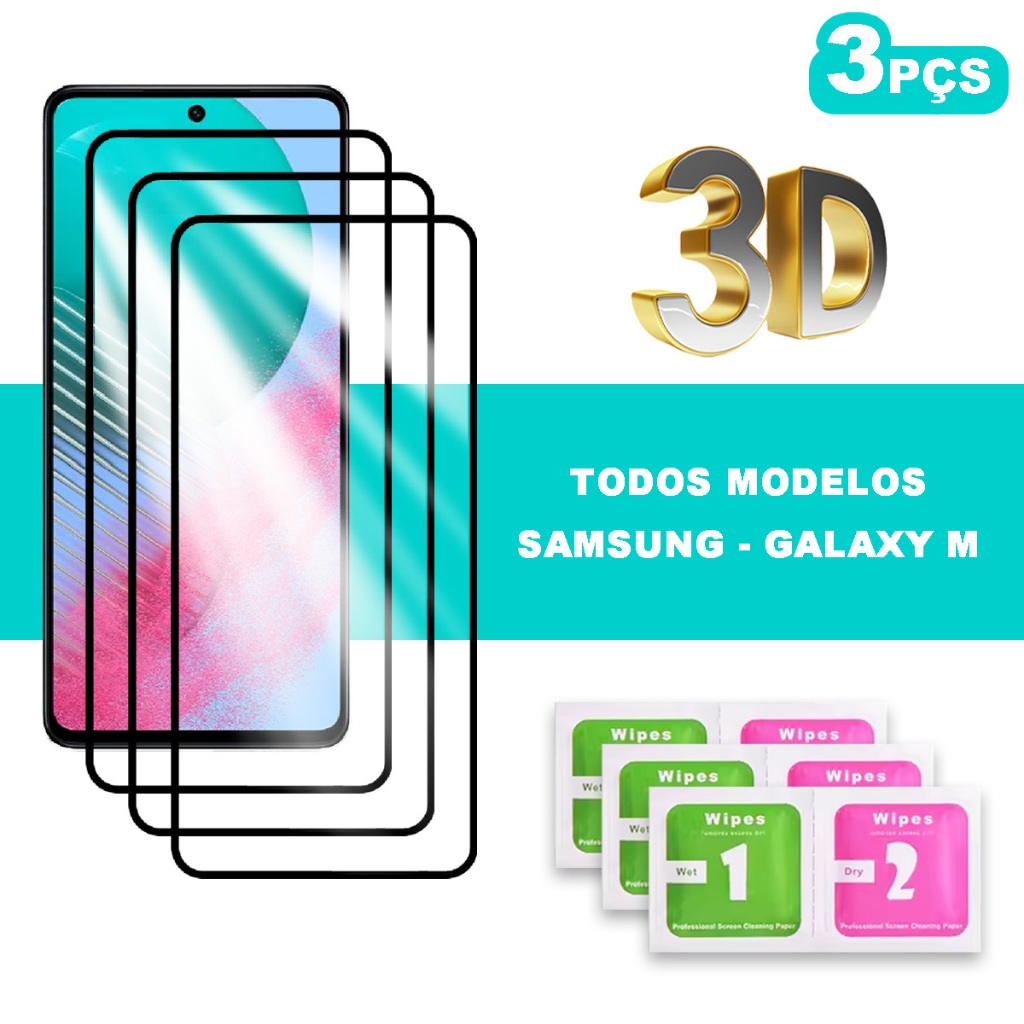 Kit 3 Película 3D Vidro Temperado Para Samsung Galaxy M54 M34 M14 M53 M23 M13 M62 M32 M22 M52 M12 M51 M31 M30 M20 M10 em Oferta na Shopee