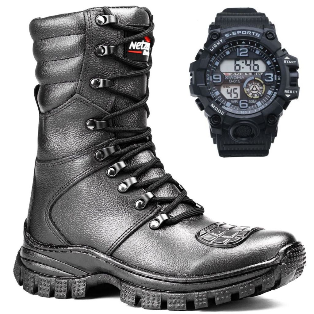 Bota Coturno Militar 100% Couro Original Palmilha Com Gel - Resistente à Água + Relógio