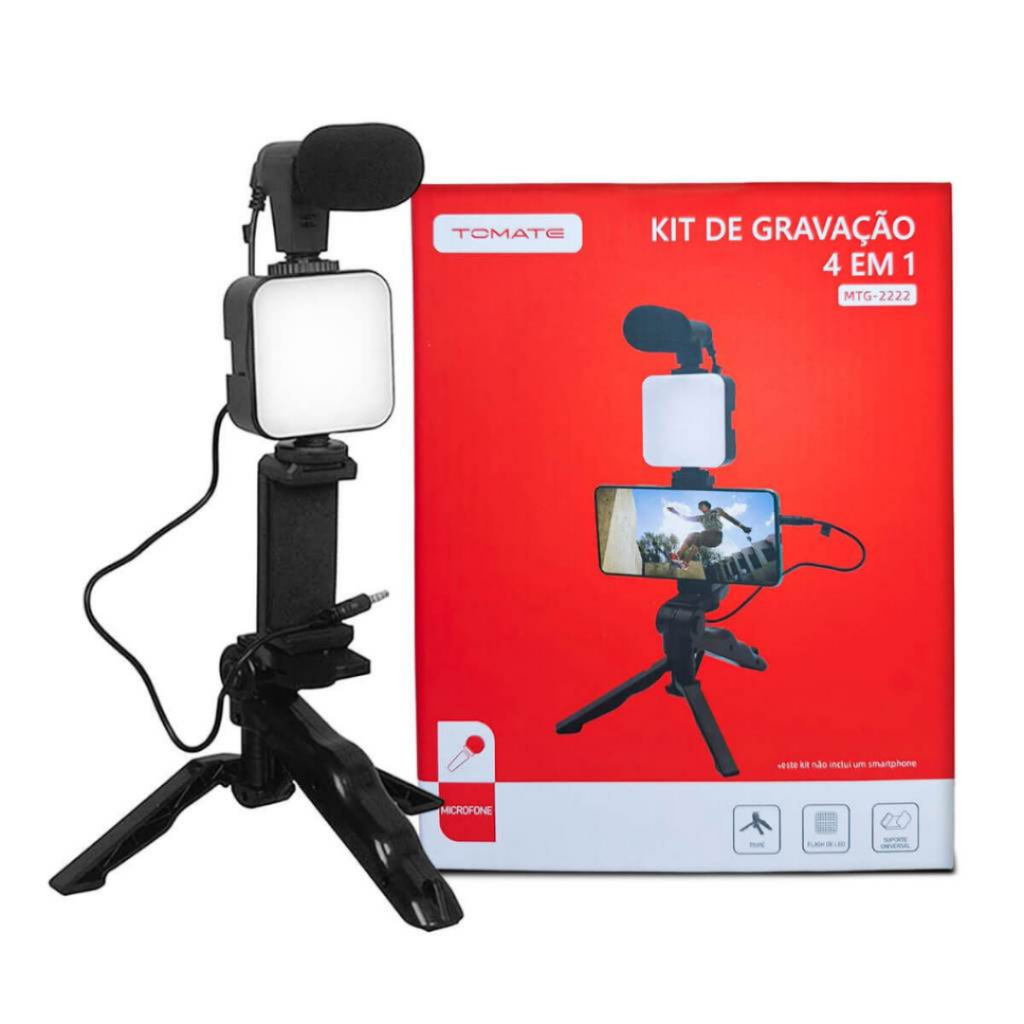 Kit Gravaçao 4 em 1 com Microfone LED Suporte Celular Marca Tomate Modelo MTG-2222