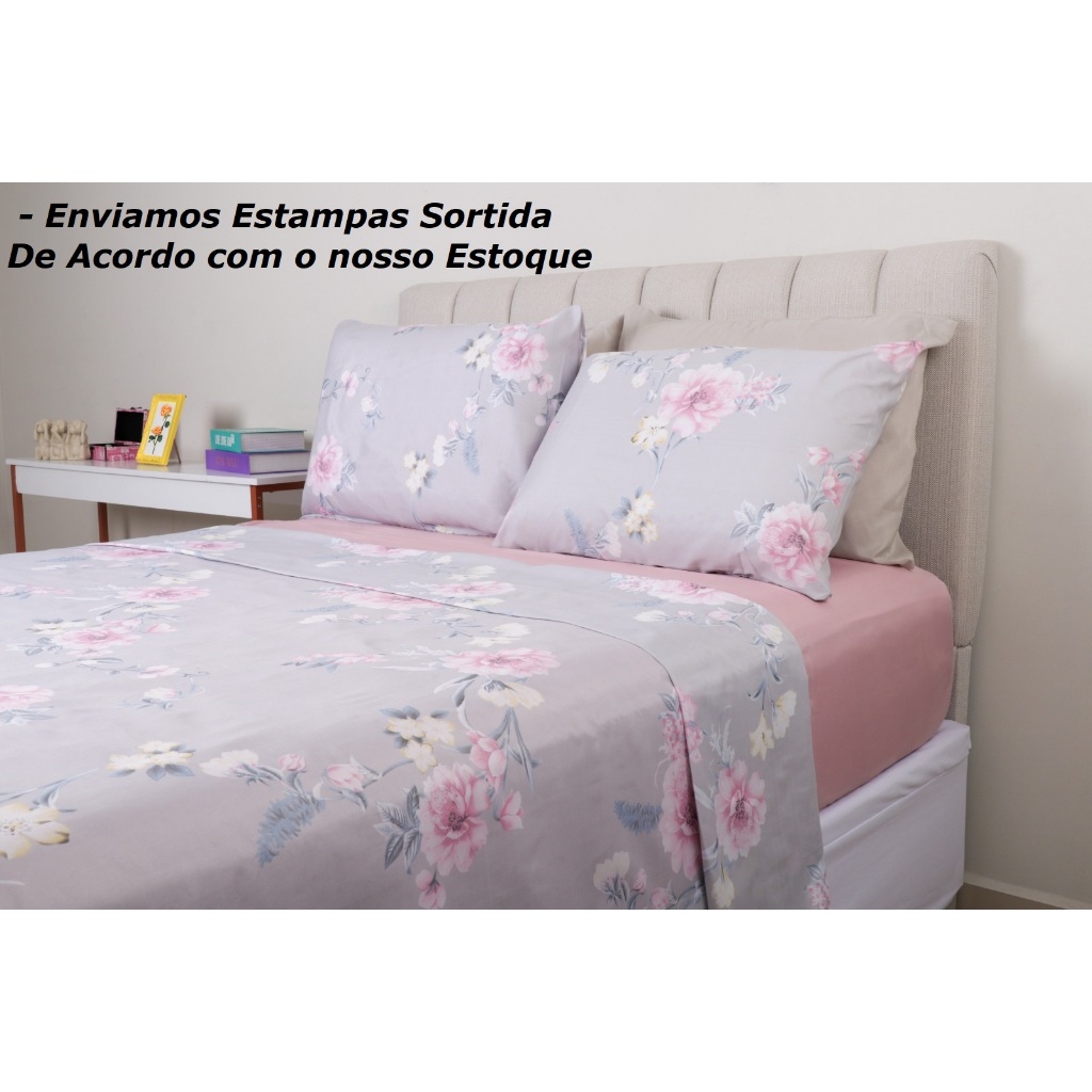 Jogo de Lençol Cama Queen 4 peças Lençol de Cima Com Bainha + Lençol de Baixo Com Elástico e Fronha