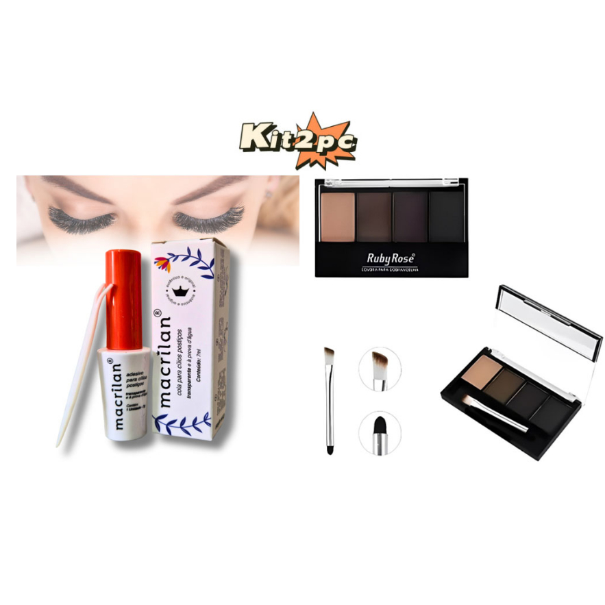 KIT Cola de Cílios À Prova D'Água Macrilan + Sombra Para Sobrancelhas Ruby Rose HB9354