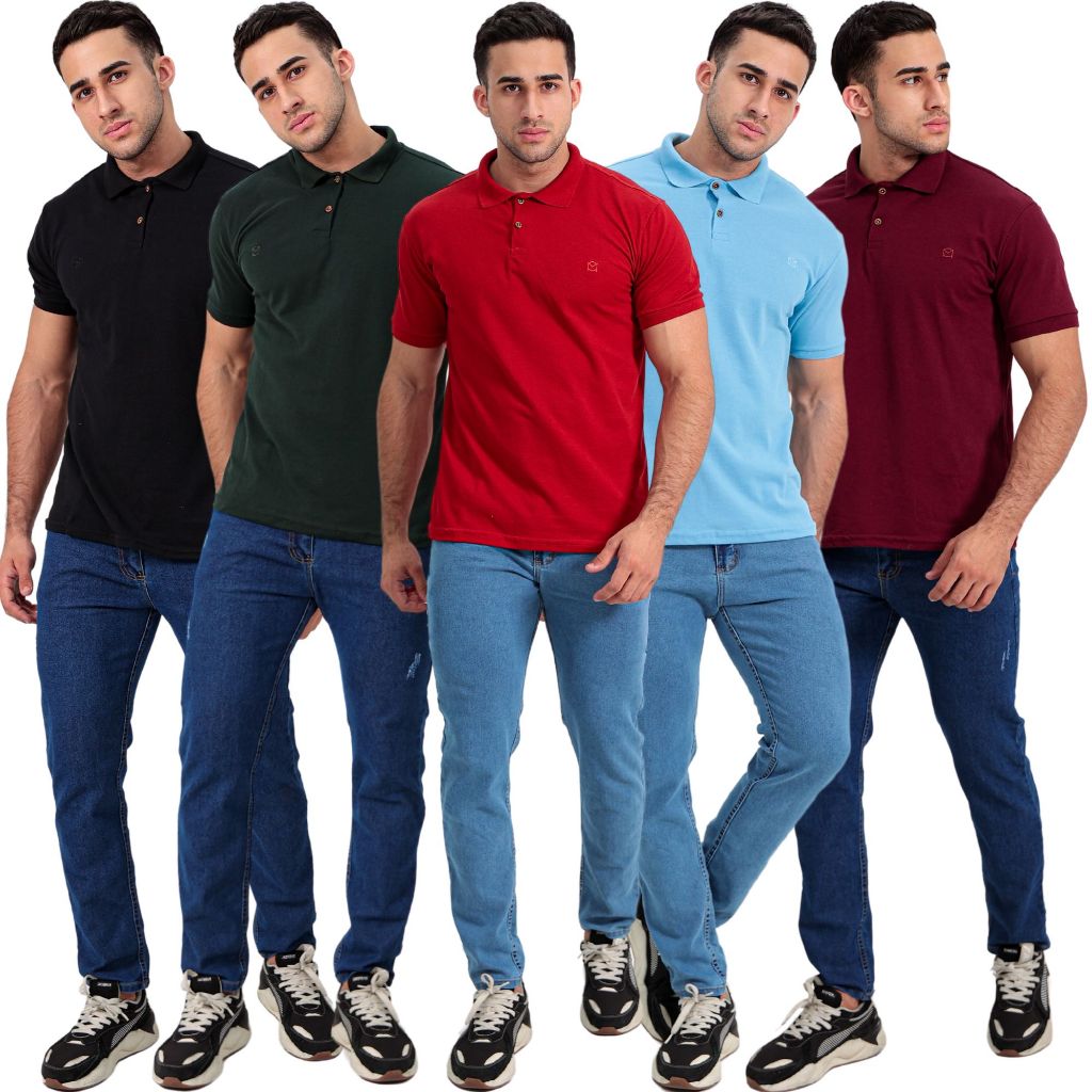 Kit 5 camiseta polo masculino tecido piquet premium algodão 7 cores