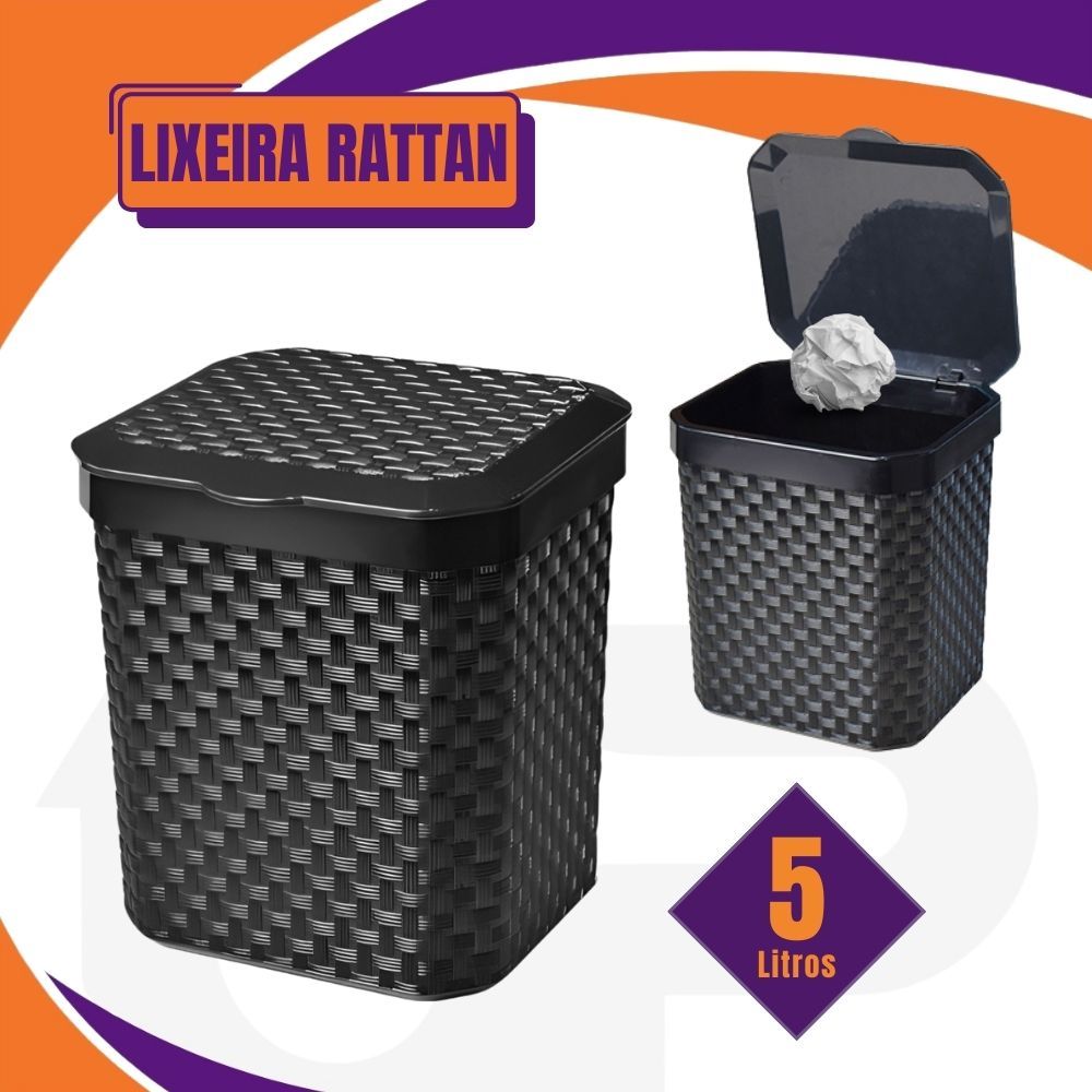 Lixeira Rattan 5 Litros com Tampa Preta – Multiuso para Cozinha e Banheiro