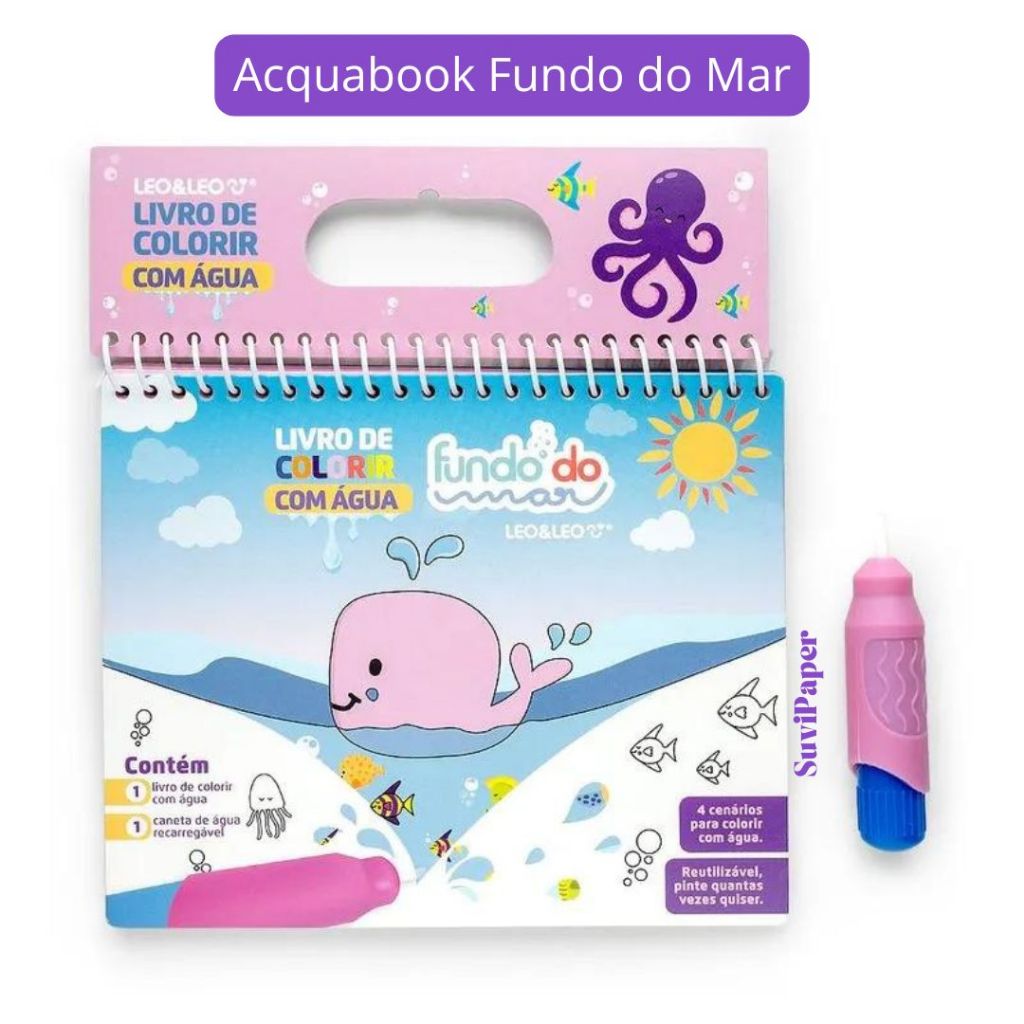 Livro de Colorir com Água Acquabook Coleção Fundo do Mar com Caneta Para Colorir com Agua Léo e Léo