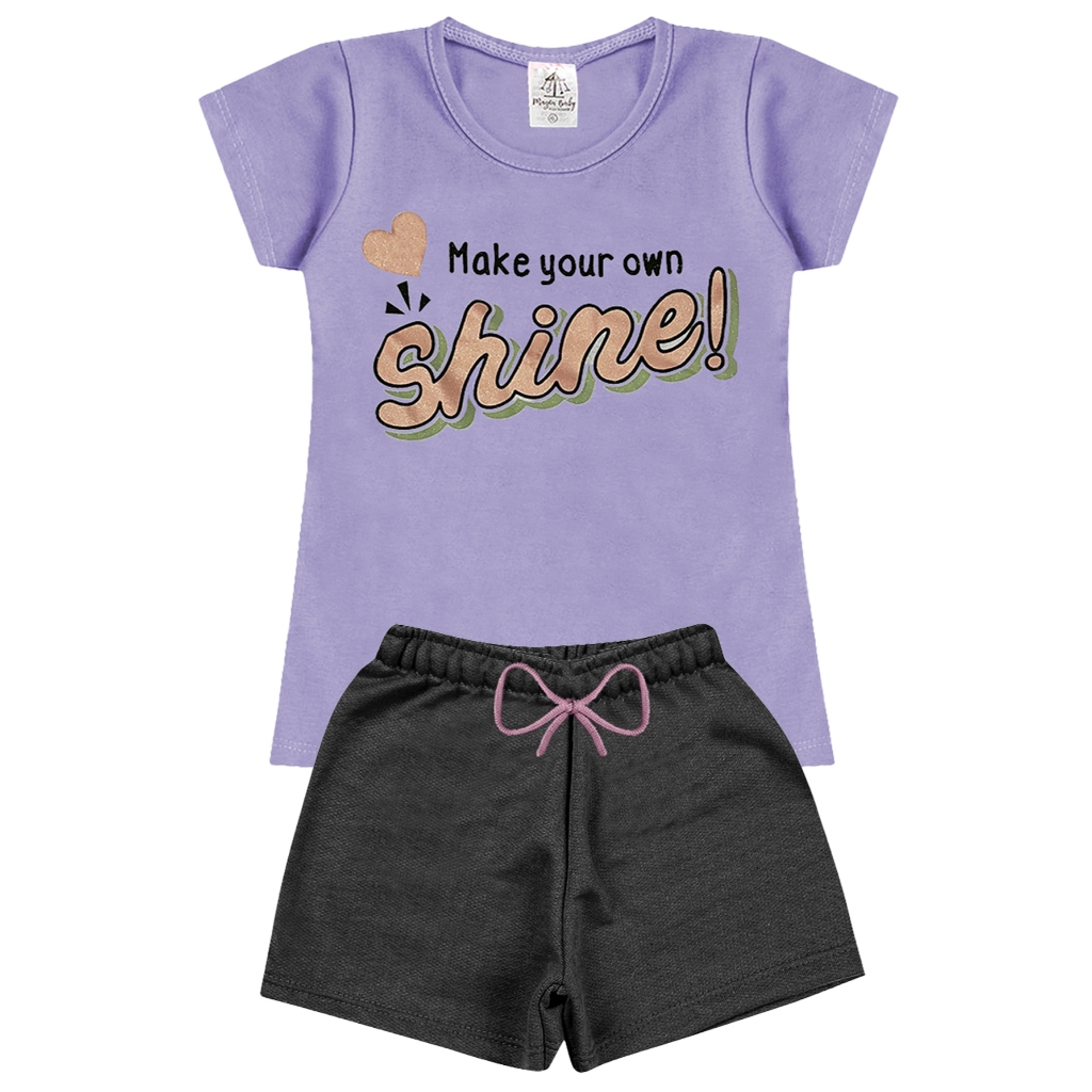 Conjunto Infantil Shine Roxo Feminino Menina - Duas Peças: Shorts + Camiseta - Tamanho 02 a 10