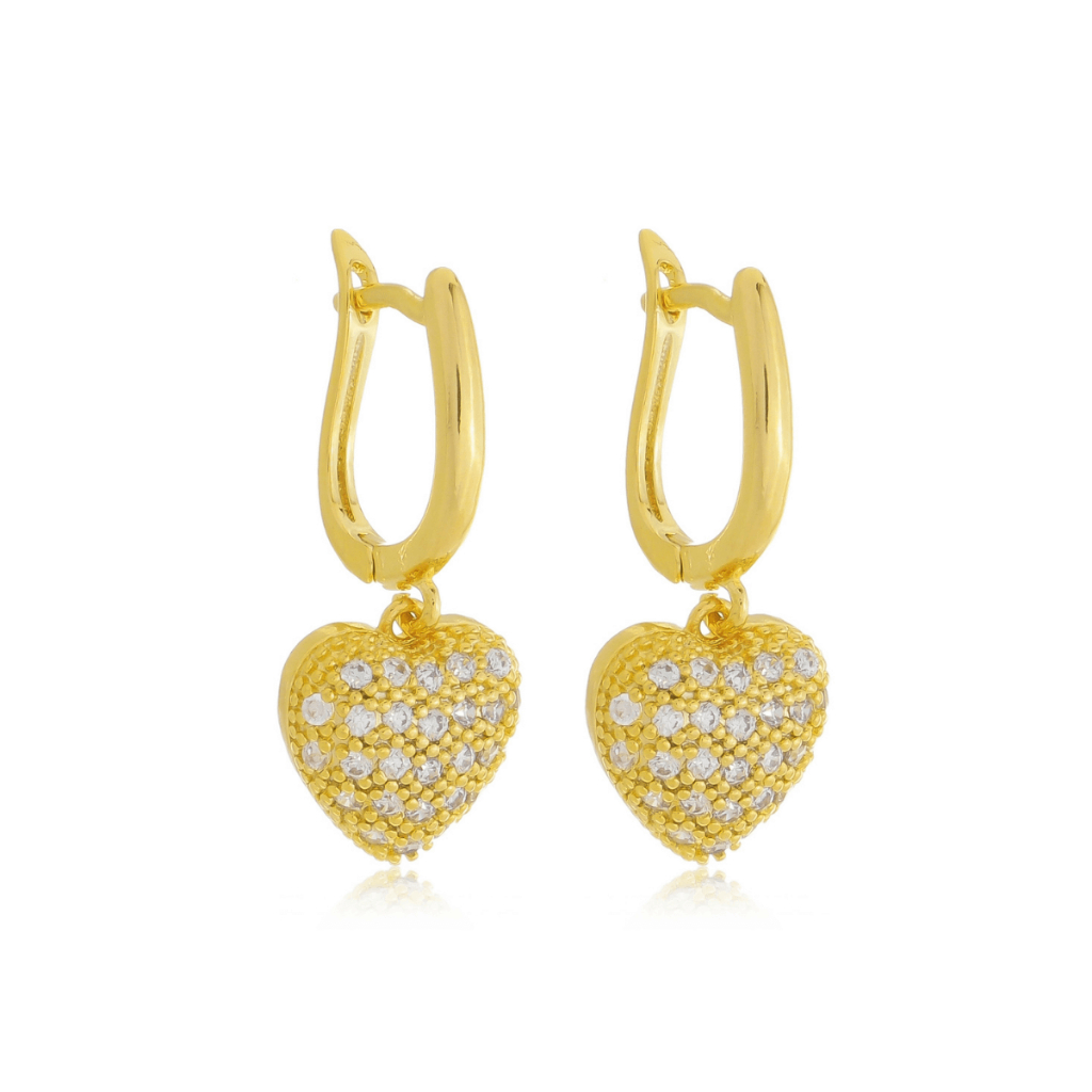Brinco Feminino Elegante Luxo Dourado Argolinha com Coração Cravejado Banhado Folheado a Ouro 18k