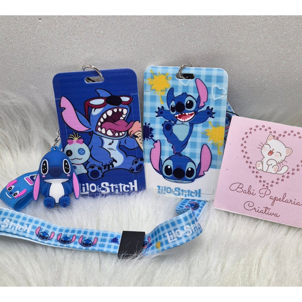 Porta crachá, cartão de alta qualidade com cordão ou chaveiro - Stitch em Oferta na Shopee