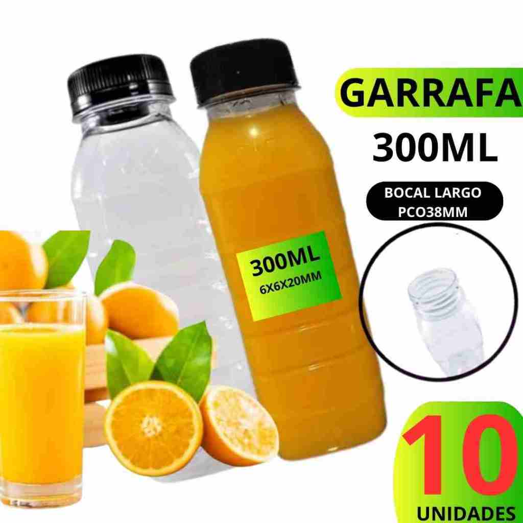 KIT 10 GARRAFAS DE 300ML RESISTENTE CRISTALINA 100% MATERIAL VIRGEM PET BOCA LARGA TAMPA LACRE em Oferta na Shopee