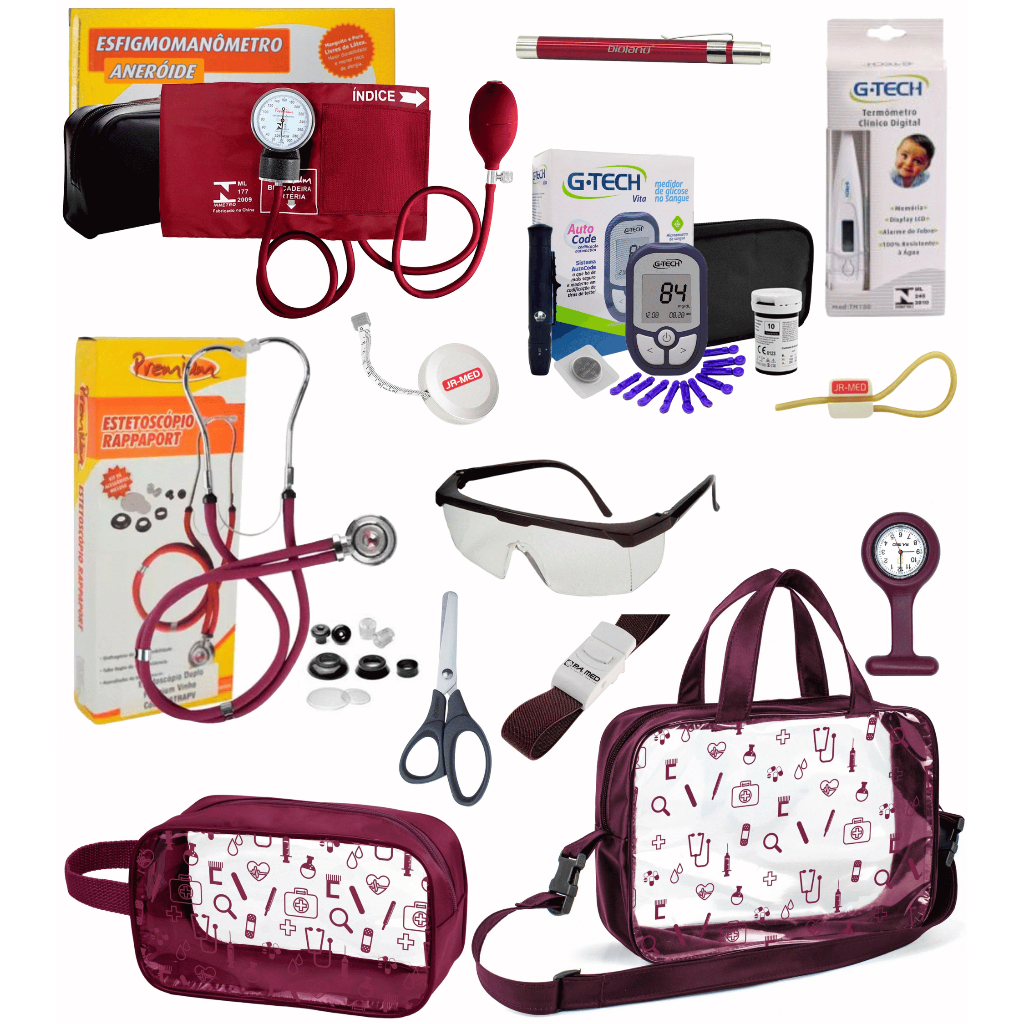 Kit Completo de Enfermagem - Medidor de Glicose G-Tech, Estetoscópio e Esfigmomanômetro Premium, Necessaire e Bolsa