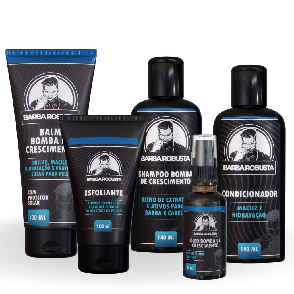 Kit Para Barba Completo - Barba Robusta - Shampoo + Cond. + Balm + Esfoliante + Óleo de Barba