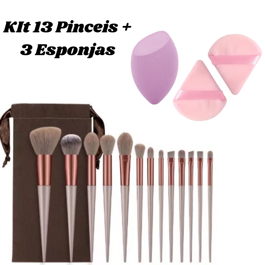 Kit 13 Pinceis mais 3 Esponjas de Base e Pó e Contornos, kit Maquiagem Esponja Gota e Veludo