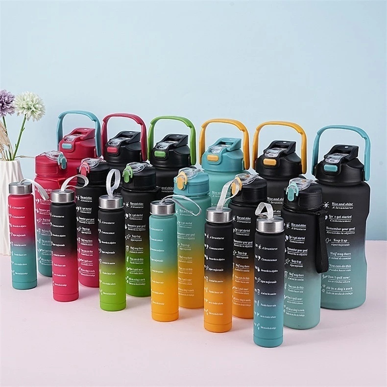 kit Garrafa Motivacional Água Alça Adesivo 3d 2L 750ML 300ML Squeeze