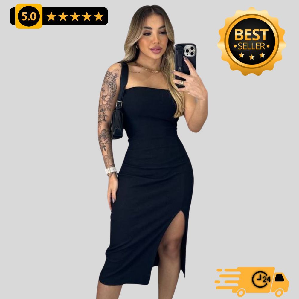 Vestido Fenda Midi Tomara que Caia Canelado -  Elegância e ousadia em um só vestido!