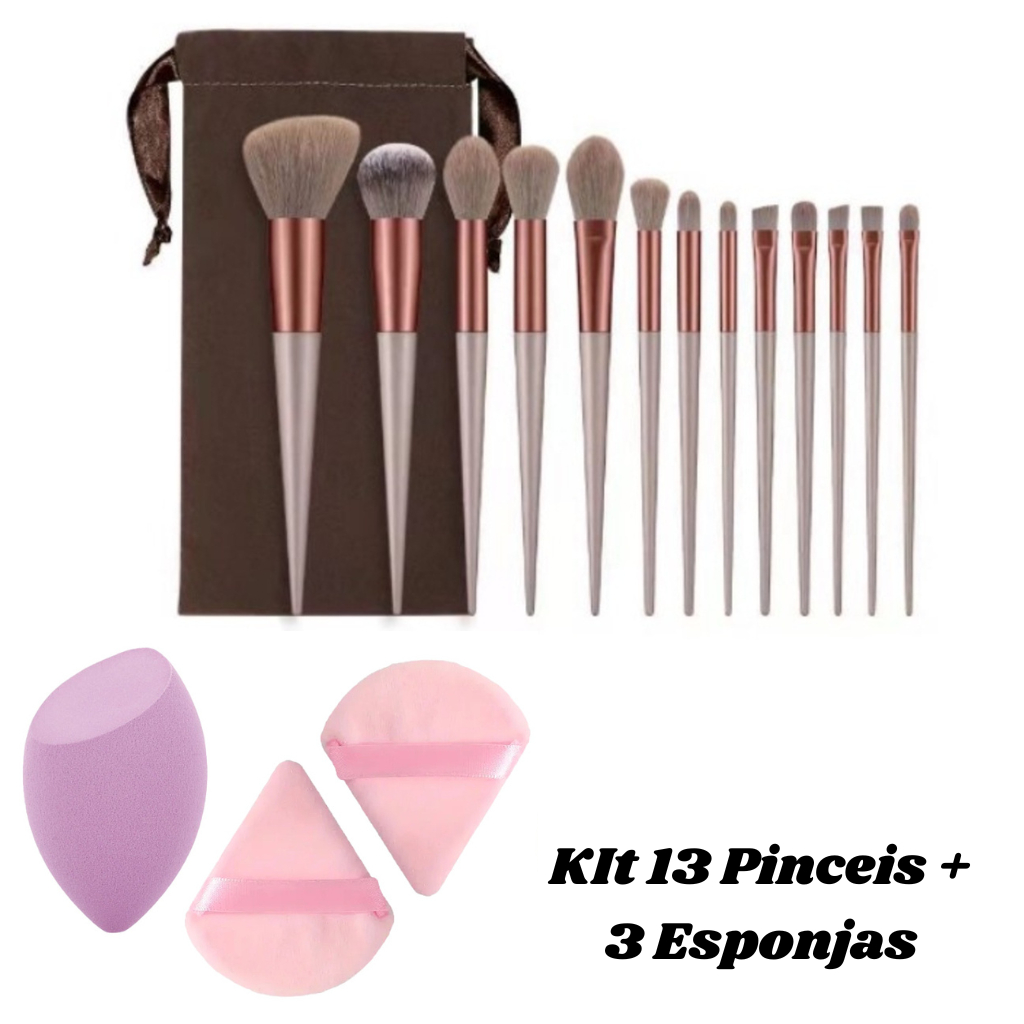 Kit 13 Pinceis com 3 Esponjas de Base e Pó e Contornos, kit Maquiagem Esponja Gota e Veludo