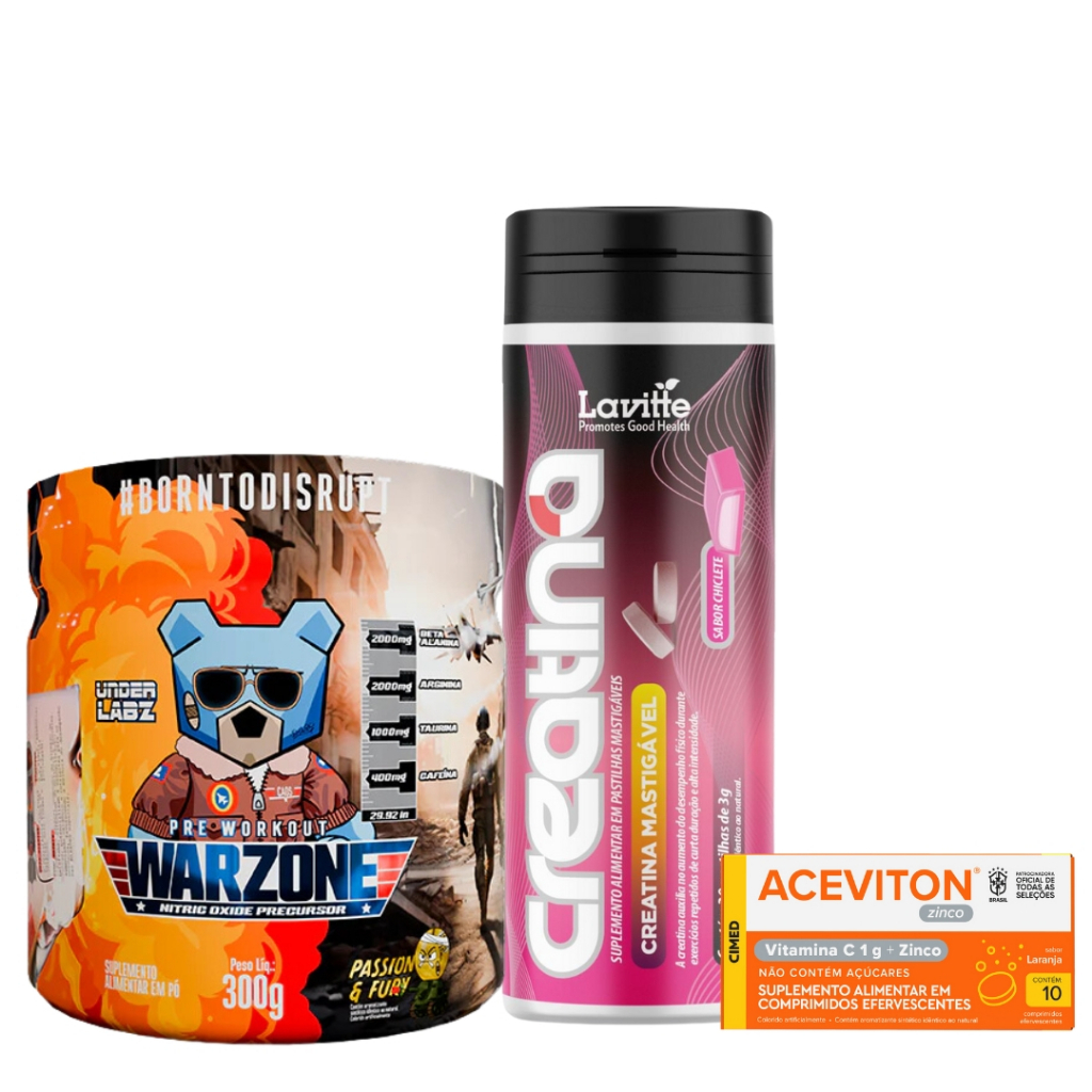 Pre Treino Warzone 300g Unde Labz + Creatina em Pastilha Mastigável Lavitte - Pote com 30 unidades + ACEVITON