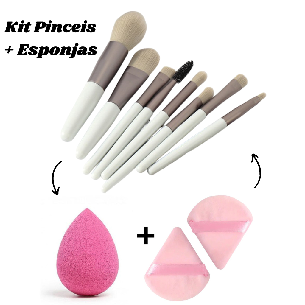 8 Pinceis KiT com Estojo mais Três esponja de Base Pó solto Blush e Contorno, Kit essencial de Maquiagem