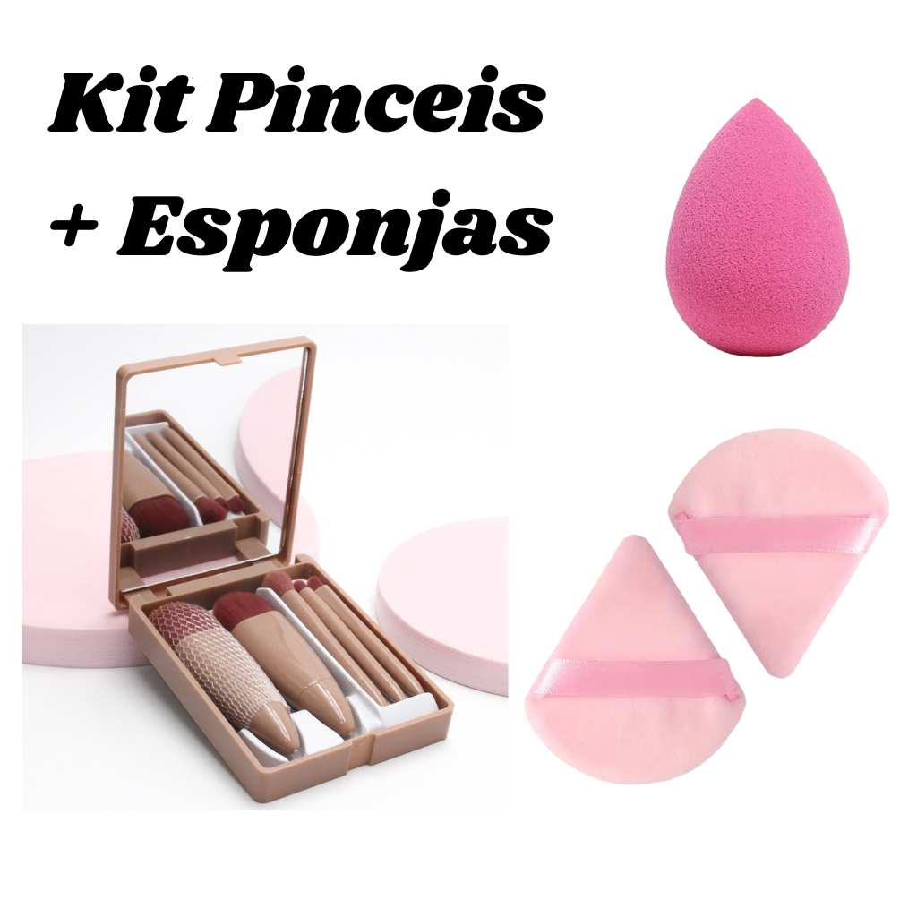 Kit4 Pinceis+Estojo com Espelho mais Três Esponjas kit de Maquiagem, base, Pó, Blush, Contorno 4 Pinceis em Oferta na Shopee