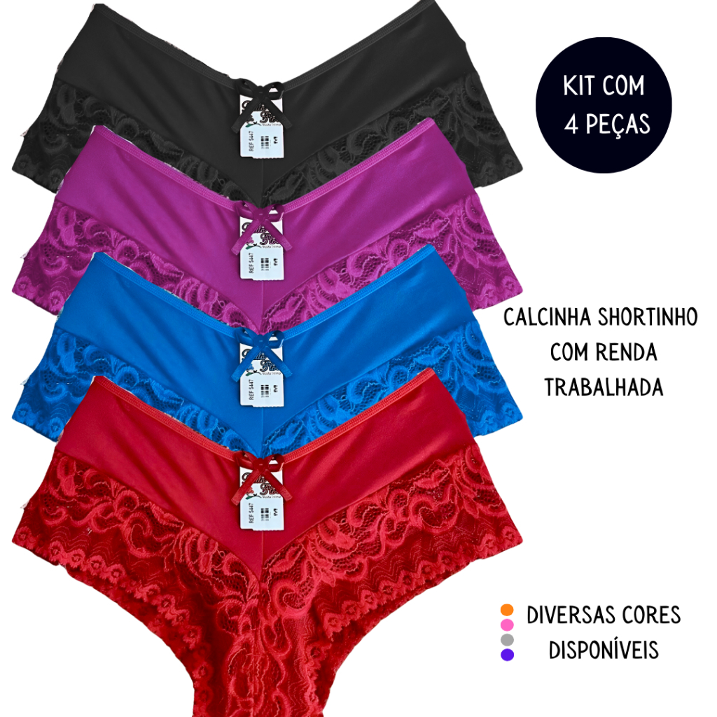 Kit 4 Calcinhas Renda Box Shortinho Cueca Feminina Luxo Forro em Algodão