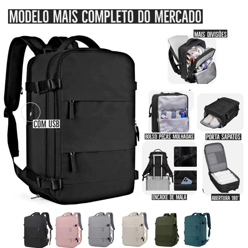 Mochila mala bordo bagagem compressão expansível grande viagem avião