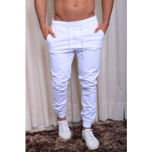 Calça Jogger Com Punho Jeans/Sarja Moda Branca 4 Bolsos Cordão