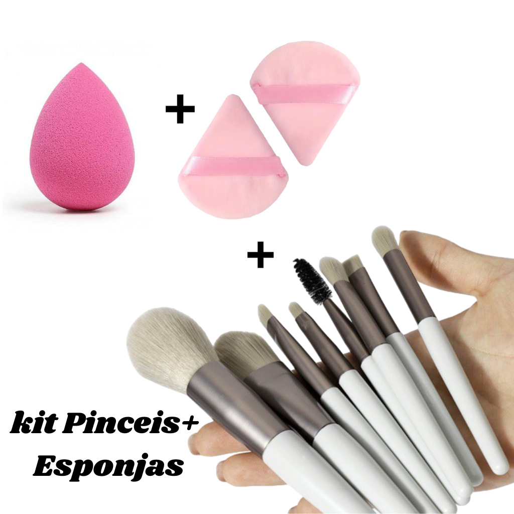 Kit com 8 Pinceis mais Três esponjas de Base Pó solto Blush e Contorno, Kit essencial de Maquiagem
