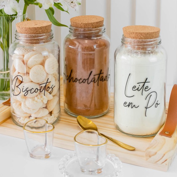 Kit Cantinho do Café - Achocolatado, Leite em Pó e Biscoitos | 3 potes de Vidro 810ml com ...