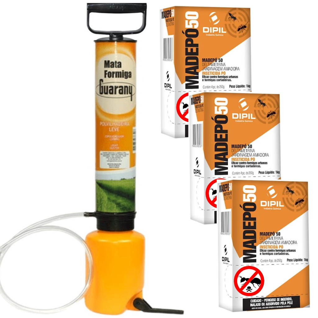 Bomba Mata Formiga Polvilhadeira Guarany + 3kg Formicida Pó Manual Leve Veneno Contra Formigas Cortadeiras e Urbanas